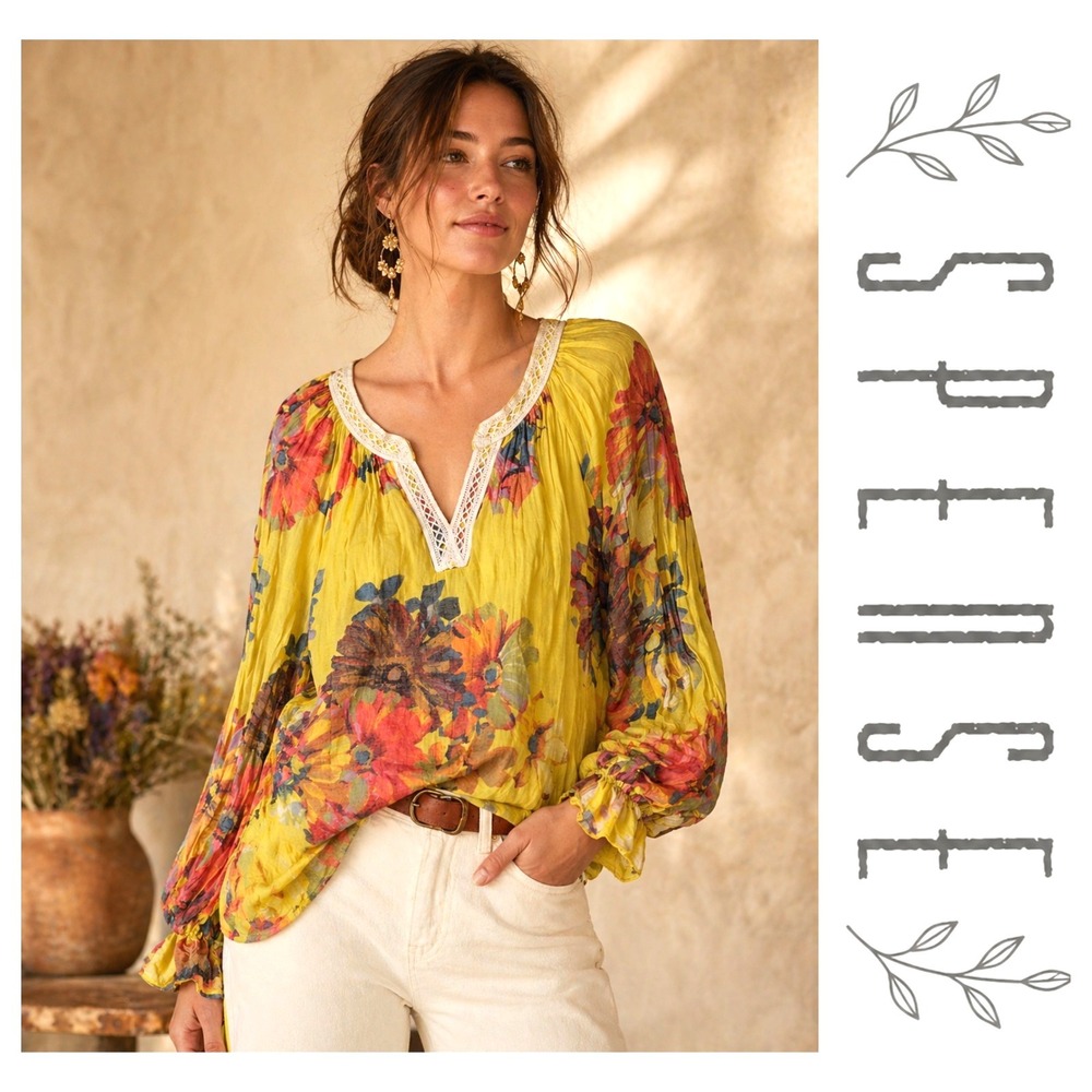 Spense Yellow Floral Long Sleeve V Neck Lightweight Gauzy Tunic Blouse Size M